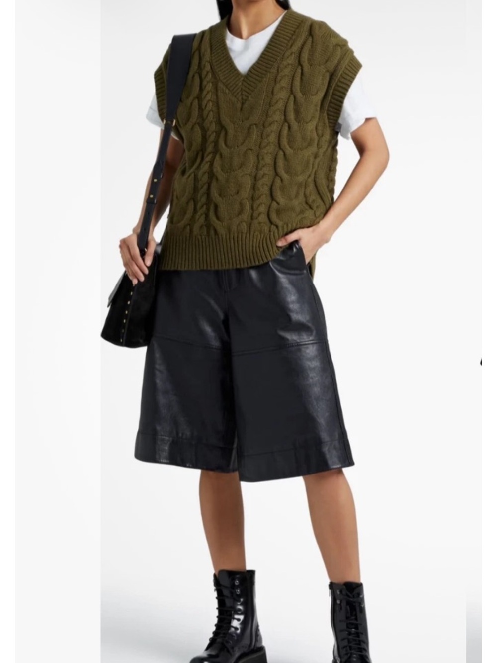 Frame Denim Olive Green Cable Knit V-Neck Sleeveless Sweater Vest, Size L